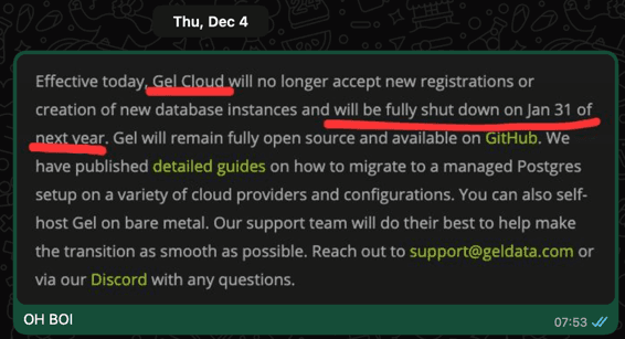 WhatsApp message to co-founders about Gel Cloud shutting down
